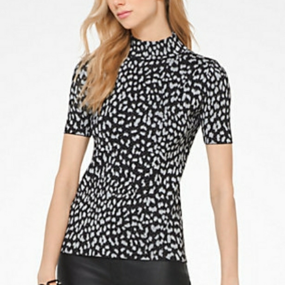 Michael Kors Black Silver Leopard Metallic Mock Neck Top Size XXS